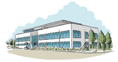 FUNUS Stiftung home und Zentrum für Endlichkeitskultur Außenfassade, Illustration: Schwarwel