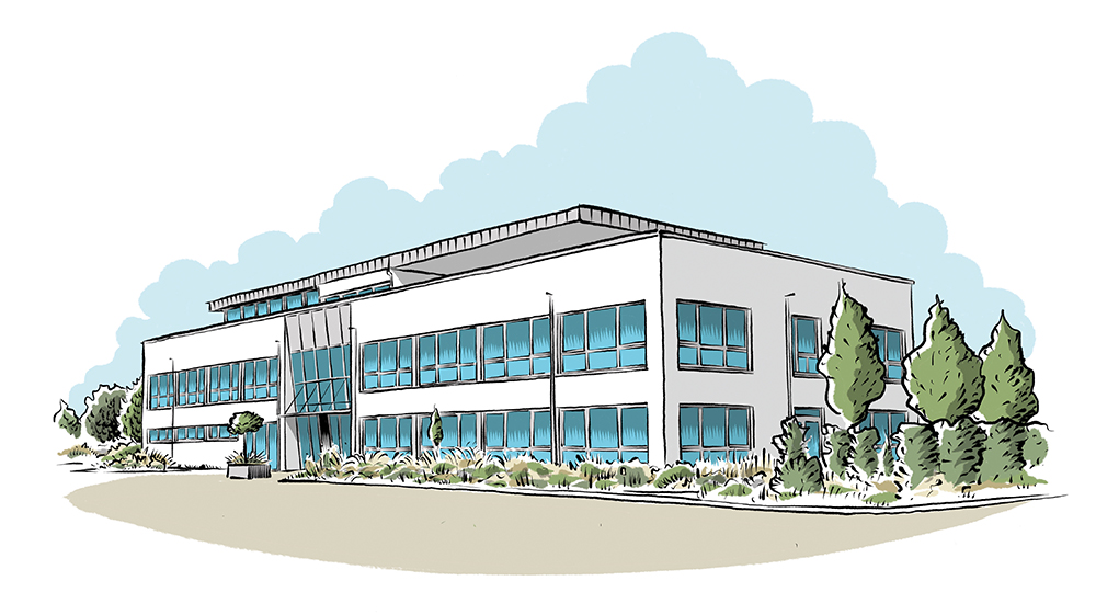 FUNUS Stiftung home und Zentrum für Endlichkeitskultur Außenfassade, Illustration: Schwarwel