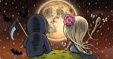 Herr Tod und Frau Leben-Buch Cover, beide sitzen in Rückenansicht auf einem grünen Hügel und schauen in den Abendhimmel mit Sternen und untergehender Sonne, Illustration: Schwarwel