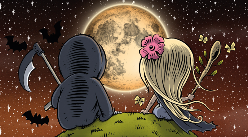 Herr Tod und Frau Leben-Buch Cover, beide sitzen in Rückenansicht auf einem grünen Hügel und schauen in den Abendhimmel mit Sternen und untergehender Sonne, Illustration: Schwarwel