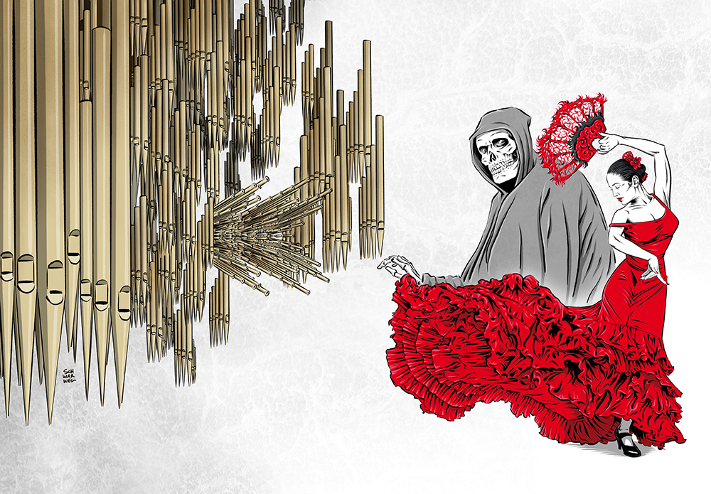Musik und Tod-Illustration von Schwarwel, Tod tanzt mit einer Tangotänzerin, links von beiden im Bild befinden sich sehr viele Orgelpfeifen