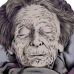 Alte Frau liegt tot im Bett, über ihr hängt eine Uhr, Illustration in grau-lila von Schwarwel