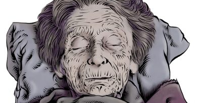 Alte Frau liegt tot im Bett, über ihr hängt eine Uhr, Illustration in grau-lila von Schwarwel