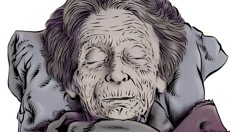 Alte Frau liegt tot im Bett, über ihr hängt eine Uhr, Illustration in grau-lila von Schwarwel