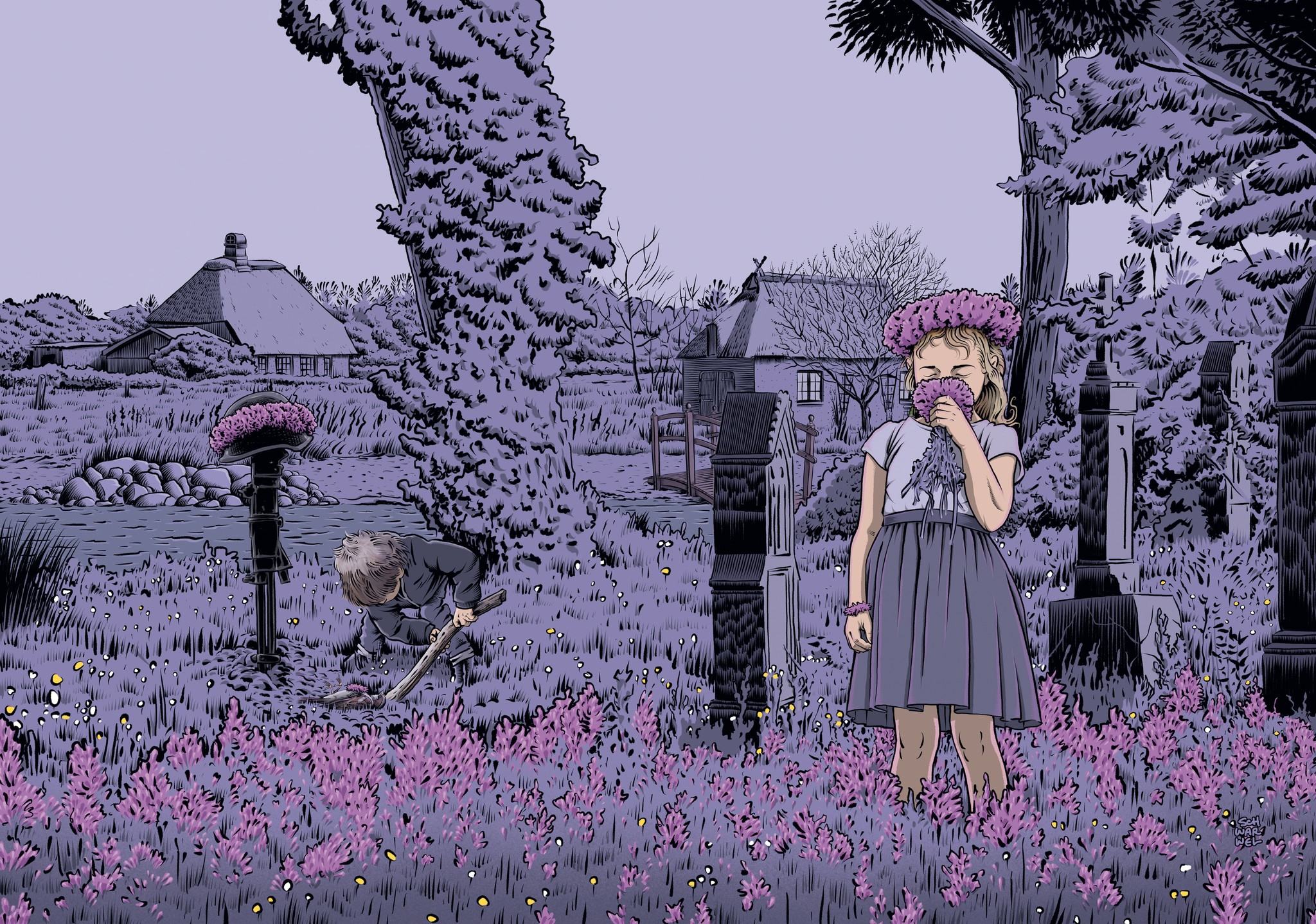 Illustration von Schwarwel, Cover Heimat und Tod, in lila gehalten mit dunkelrosa Blumen, Mädchen steht auf einer Wiese und riecht an einer Blume, dahinter zwei Bauernhäuser und vor diesen Gräber, Junge schaufelt ein Grab