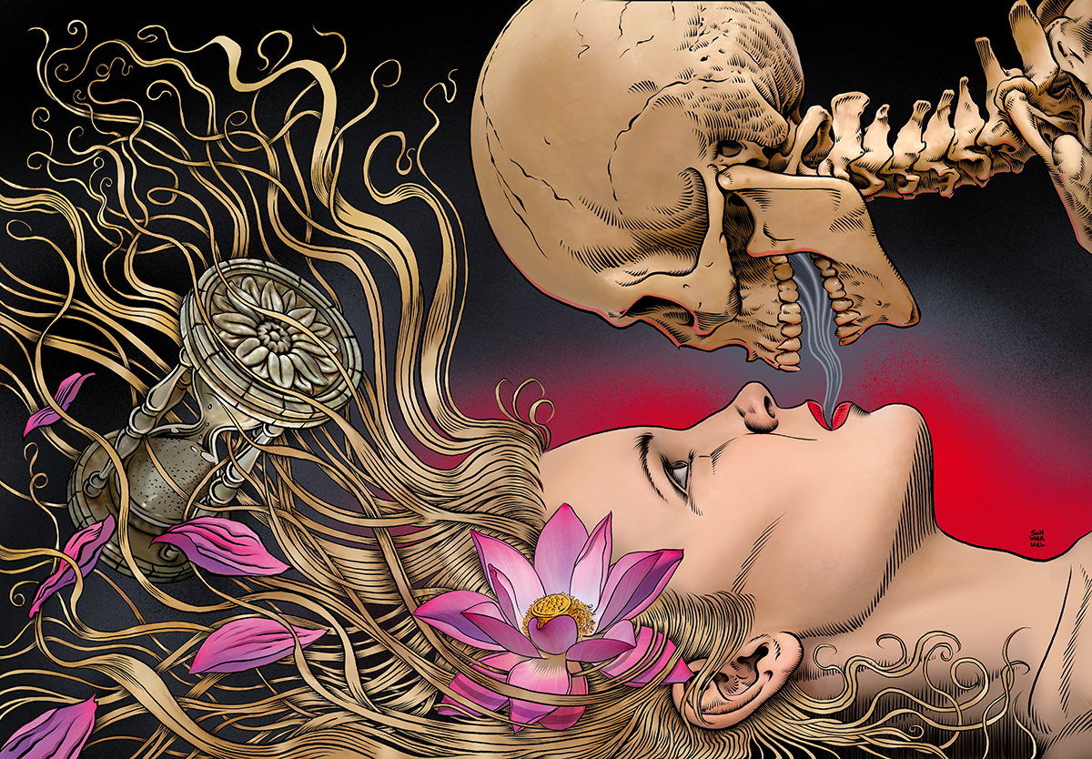 Cover Sex und Tod, Illustration von Schwarwel, ein Totenkopf über einer Frau mit blonden Haaren und Blume im Haar, beide liegen, Sanduhr tickt in ihren Haaren