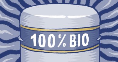 Urne mit Aufschrift 100 % Bio, Illustration von Schwarwel