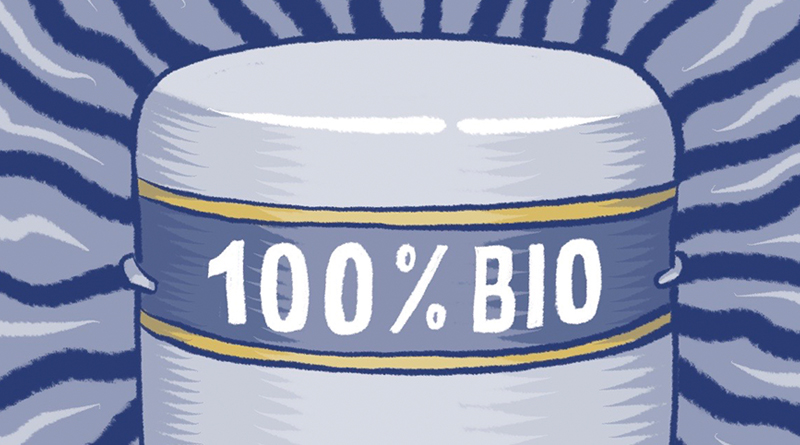 Urne mit Aufschrift 100 % Bio, Illustration von Schwarwel