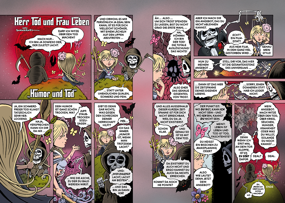 Herr Tod und Frau Leben-Comic zum Thema Humor und Tod von Schwarwel, auf zwei Doppelseiten