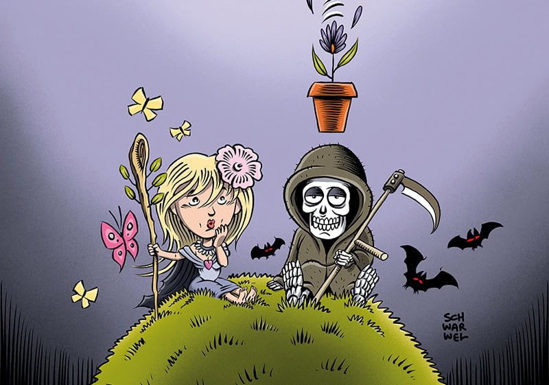Humor und Tod-Ausstellungsmotiv mit Herr Tod ud Frau Leben, die auf einem grünen Hügel sitzen, Illustration: Schwarwel