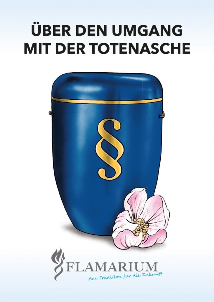 Über den Umgang mit der Totenasche von Flamarium, Illustration von Schwarwel: blaue Urne mit Paragraph, daneben eine rosa-weiße Blüte