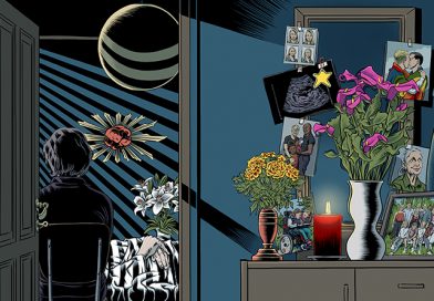 Cover Familie und Tod, Illustration: Schwarwel, links sitzt eine Frau in einem Zimmer, Rückenansicht, am Bett eines Verstorbenen, rechte Seite: auf einem Schränkchen vor einem Spiegel stehen Blumen, eine angezündete rote Kerze und Bilder stehen und hängen da, eine Jacke hängt da, alles ist in blau gehalten