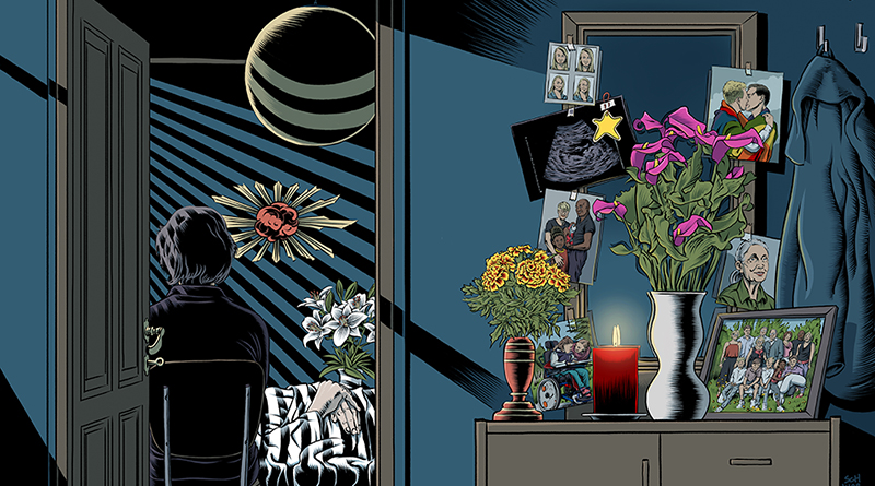 Cover Familie und Tod, Illustration: Schwarwel, links sitzt eine Frau in einem Zimmer, Rückenansicht, am Bett eines Verstorbenen, rechte Seite: auf einem Schränkchen vor einem Spiegel stehen Blumen, eine angezündete rote Kerze und Bilder stehen und hängen da, eine Jacke hängt da, alles ist in blau gehalten