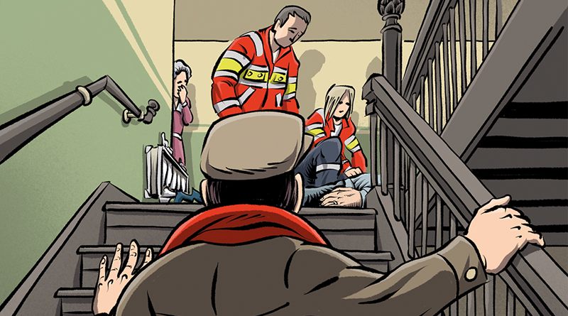 Illustration: Schwarwel, Mann (in Rückenansicht sichtbar) läuft Treppe hinauf, oben auf der Treppe ist ein Sanitäter-Team und kümmert sich um eine Person