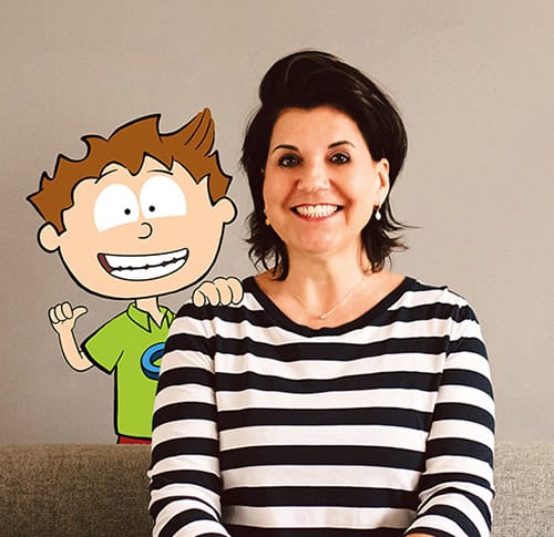 Foto Knietzsche (als Trickfilmfigur) und Anja von Kampen von vision X, Anja sitzt im weiß-schwarz quergesteiften Pulli da, Knietzsche steht dahinter und hat seine Hand auf ihrer rechten Schulter