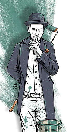 Illustration von Schwarwel: Eric Wrede als Maler mit Rolle und Eimer in weiß-grün-oranger Optik