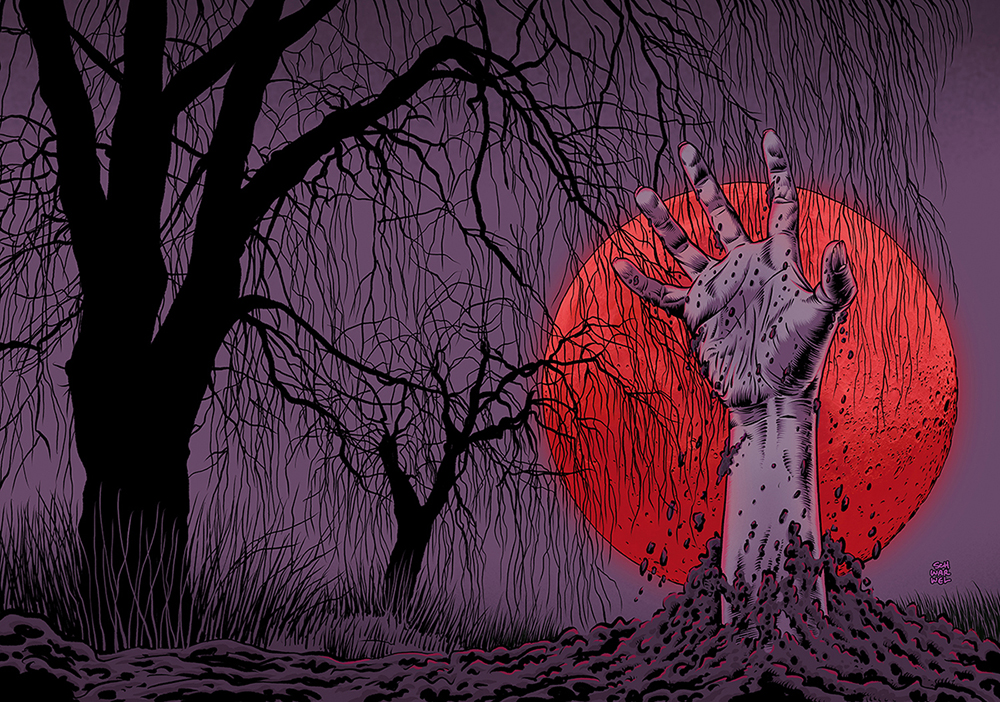 Farbige Illustration von Schwarwel, Cover für die drunter+drüber-Ausgabe „UnTot und Tod”. Roter Mond, davor eine rechte Hand, die aus der Erde herausragt. Dahinter sind schwarze Bäume ohne Blätter zu sehen. Hand und Hintergrund sind lila. Alles ist sehr mystisch und gruselig.