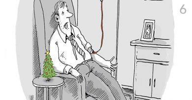 Cartoon von Til Mette: Mann bekommt eine Bluttransfusion, auf dem Etikett steht „Weihnachtsstimmung”