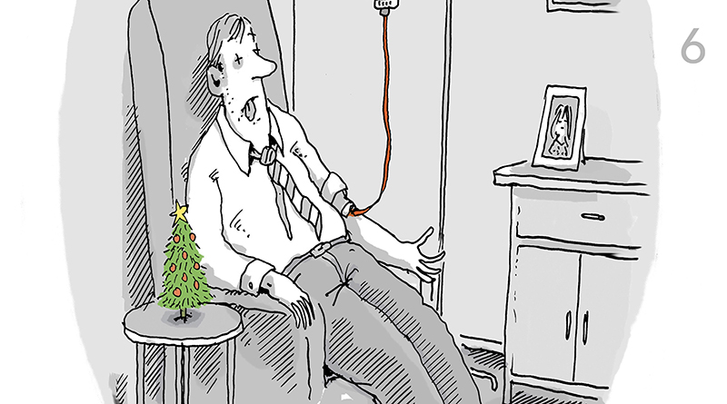 Cartoon von Til Mette: Mann bekommt eine Bluttransfusion, auf dem Etikett steht „Weihnachtsstimmung”