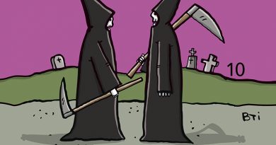 Cartoon von Bettina Schipping, zwei Tode stehen sich gegenüber, einer fragt „Und? Weihnachtsstress?” und der andere antwortet: „Hab noch ein paar Deadlines”