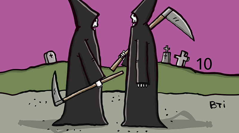 Cartoon von Bettina Schipping, zwei Tode stehen sich gegenüber, einer fragt „Und? Weihnachtsstress?” und der andere antwortet: „Hab noch ein paar Deadlines”