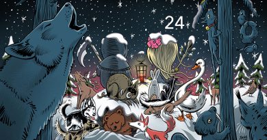 Herr Tod und Frau Leben im Winterewald, umgeben von vielen Tieren, Illustration: Schwarwel