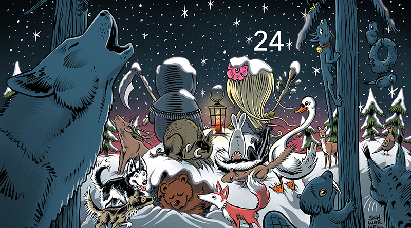 Herr Tod und Frau Leben im Winterewald, umgeben von vielen Tieren, Illustration: Schwarwel