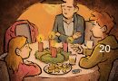 Illustration: Tobi Dahmen, Vater sitzt mit seinen Kindern am Tisch, Sohn brennt die vierte Kerze am Adventskranz an, Plätzchen stehen auf dem Tisch, ein Stuhl ist leer