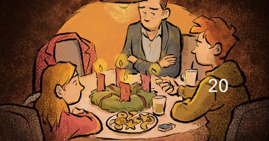 Illustration: Tobi Dahmen, Vater sitzt mit seinen Kindern am Tisch, Sohn brennt die vierte Kerze am Adventskranz an, Plätzchen stehen auf dem Tisch, ein Stuhl ist leer