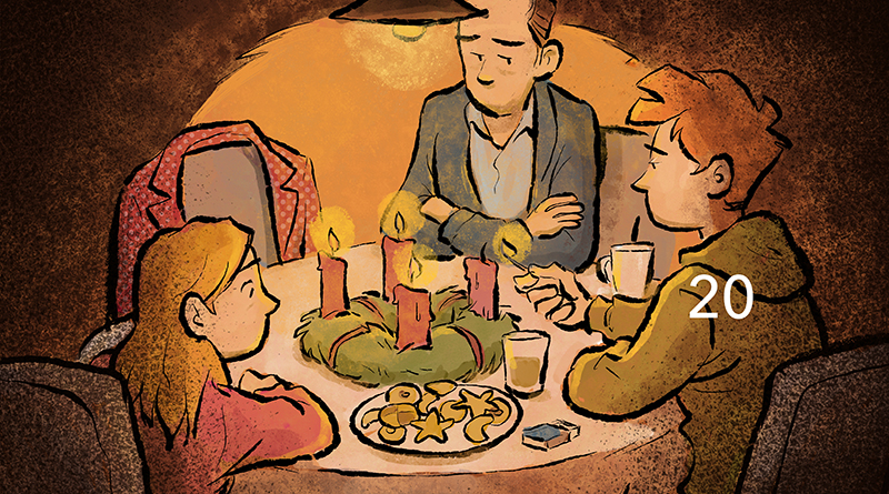 Illustration: Tobi Dahmen, Vater sitzt mit seinen Kindern am Tisch, Sohn brennt die vierte Kerze am Adventskranz an, Plätzchen stehen auf dem Tisch, ein Stuhl ist leer