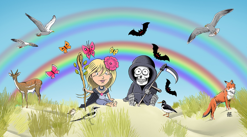 Illustration von Schwarwel, Herr Tod und Frau Leben sitzen in einem Dünen-Ambiente, umgeben von Tieren wie Fledermäuse, Schmetterlinge, Hasen, Vögel, Fuchs und Rehe