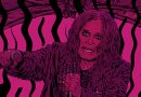 Ozzy Osbourne Illustration von Schwarwel, pink auf schwarz, Porträt von Ozzy Osbourne am Mikro, Im Hintergrund eine Fledermaus