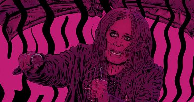 Ozzy Osbourne Illustration von Schwarwel, pink auf schwarz, Porträt von Ozzy Osbourne am Mikro, Im Hintergrund eine Fledermaus