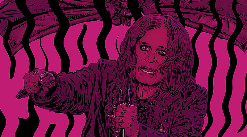 Ozzy Osbourne Illustration von Schwarwel, pink auf schwarz, Porträt von Ozzy Osbourne am Mikro, Im Hintergrund eine Fledermaus