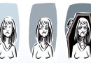 Karikatur von Schwarwel zum Thema Häusliche Gewalt und Femizid. Drei Frauen nebeneinander. Links mit einem blauen Auge. in der Mitte mit geschlagenem Gesicht, rechts im Sarg.