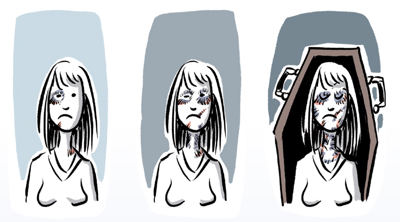 Karikatur von Schwarwel zum Thema Häusliche Gewalt und Femizid. Drei Frauen nebeneinander. Links mit einem blauen Auge. in der Mitte mit geschlagenem Gesicht, rechts im Sarg.